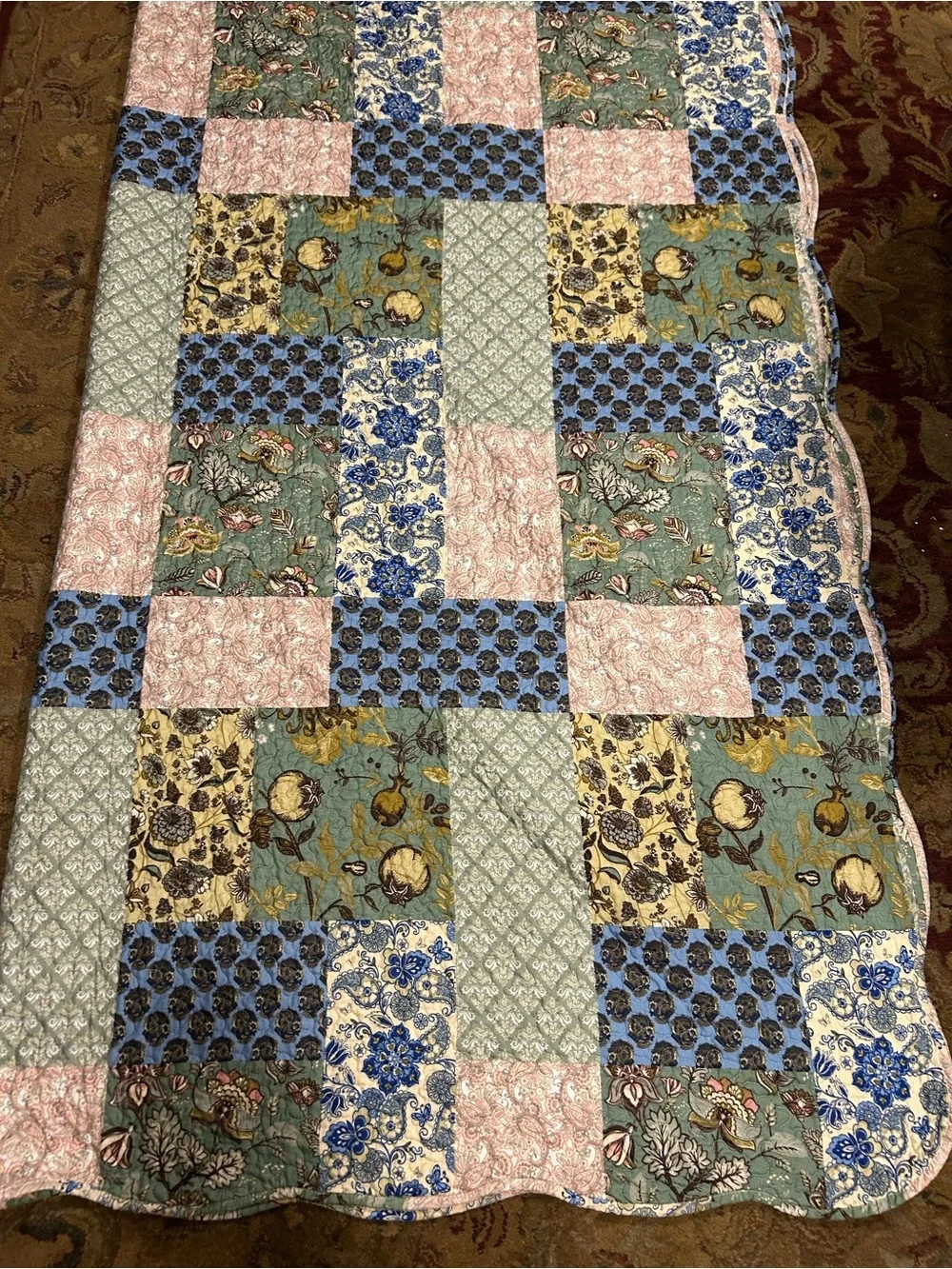 MarCielo Pink Blue Green Yellow White Patchwork 98x102 Inches Cottagecore Quilt